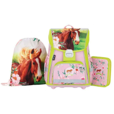  Lovas csatos ergonómikus iskolatáska tolltartóval és tornazsákkal, Premium, zöld-rózsaszín iskolatáska