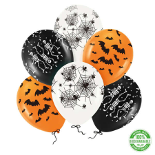  Lufi, narancssárga és fekete, halloween mintákkal 30 cm, 6 db/csomag party kellék
