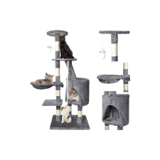 Macska kaparófa 118 cm, szürke, alvófülkével, játékokkal, karomélezővel, plüssel játék macskáknak
