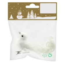  Madár polisztirolból és tollakból csipesszel 12 cm fehér csillámos karácsonyfadísz