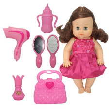 Magic Toys Dorina barna hajú 36 cm-es pisilő baba fodrász készlettel, kiegészítőkkel és hang effektekkel baba