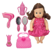 Magic Toys Dorina barna hajú 36cm-es pisilő baba fodrász készlettel, kiegészítőkkel és hang effektekkel