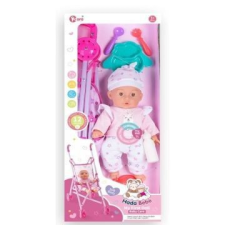 Manyuk Toys Játékbaba babakocsival és kiegészítőkkel - 35 cm, fehér sapkában baba