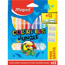 MAPED Filctoll készlet, 2,8 mm, kimosható, MAPED &quot;Color&#039;Peps Jungle&quot; 12 különböző szín+12 ajándék matrica filctoll, marker
