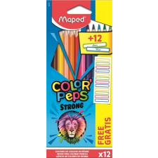 MAPED Színes ceruza készlet, háromszögletű, MAPED, "Color`Peps Strong" 12 különböző szín + 12 ajándék matrica színes ceruza