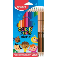 MAPED Színes ceruza készlet, háromszögletű, MAPED "Color`Peps World", 12 különböző szín + 3 kétvégű bőrtónus ceruza színes ceruza