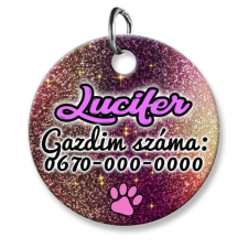 Maria King Cicabiléta vagy kutyabiléta, kör, lilás-sárga glitter (tetszőleges adatokkal) nyakörv, póráz, hám kutyáknak
