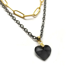 Maria King Dupla rozsdamentes acél nyaklánc arany-fekete színben, fekete kristály szív medállal nyaklánc
