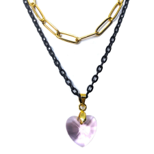 Maria King Dupla rozsdamentes acél nyaklánc arany-fekete színben, rózsaszín kristály szív medállal nyaklánc