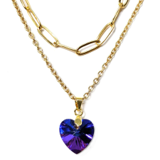 Maria King Dupla rozsdamentes acél nyaklánc arany színben, kék kristály szív medállal nyaklánc