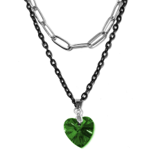 Maria King Dupla rozsdamentes acél nyaklánc ezüst-fekete színben, zöld kristály szív medállal nyaklánc