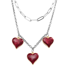 Maria King Dupla rozsdamentes acél nyaklánc ezüst színben, 3 csillogó szív medállal nyaklánc
