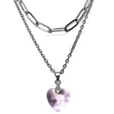 Maria King Dupla rozsdamentes acél nyaklánc ezüst színben, rózsaszín kristály szív medállal nyaklánc
