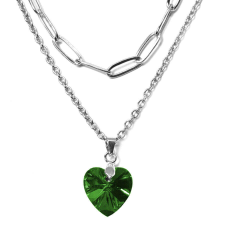 Maria King Dupla rozsdamentes acél nyaklánc ezüst színben, zöld kristály szív medállal nyaklánc