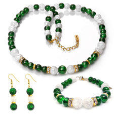 Maria King Green Sparkle – Zöld és fehér hegyikristály exkluzív ásvány ékszerszett (nyaklánc + karkötő + fül... ékszer szett