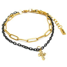Maria King Kristályos kereszt díszes rozsdamentes acél dupla karkötő, arany-fekete színű karkötő