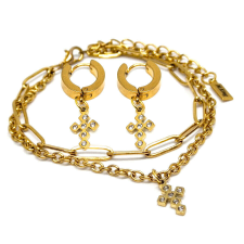 Maria King Kristályos kereszt díszes rozsdamentes acél dupla karkötő + fülbevaló szett, arany színű ékszer szett