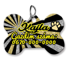 Maria King Kutyabiléta, csont alakú (tetszőleges adatokkal),  fekete-arany csíkos, glitteres háttérmintával nyakörv, póráz, hám kutyáknak