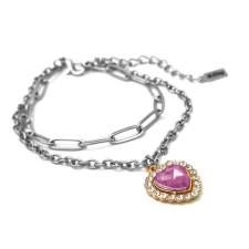 Maria King Pink kristály szív charmos rozsdamentes acél dupla karkötő, ezüst színű karkötő