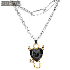 MariaKing Dupla rozsdamentes acél nyaklánc ezüst színben, fekete ördög szív medállal nyaklánc