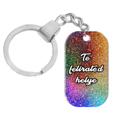 MariaKing Egyedi feliratos, rozsdamentes fém dögcédula kulcstartó, liláspink glitter színben kulcstartó