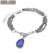 MariaKing Háromsoros divat karkötő kék kristály csepp charmmal, ezüst színű karkötő