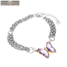 MariaKing Háromsoros divat karkötő lila kristálypillangós charmmal, ezüst színű karkötő