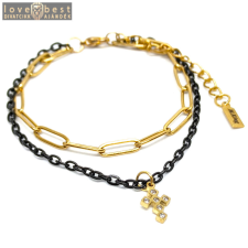 MariaKing Kristályos kereszt díszes rozsdamentes acél dupla karkötő, arany-fekete színű karkötő