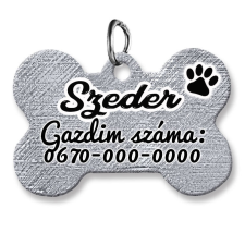 MariaKing Kutyabiléta, csont alakú (tetszőleges adatokkal), fémes ezüst háttérmintával nyakörv, póráz, hám kutyáknak