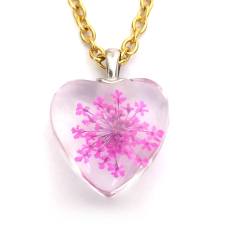 MariaKing Pink virág szív üvegmedál, választható arany vagy ezüst színű acél lánccal vagy bőr lánccal nyaklánc