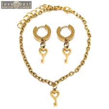 MariaKing Szív Kulcs charmos nemesacél karkötő + fülbevaló szett, arany színű fülbevaló