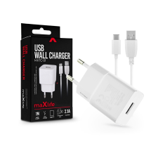 Maxlife USB hálózati töltő adapter + USB Type-C adatkábel 1 m-es vezetékkel - Maxlife MXTC-01 USB Wall Charger - 5V/2,1A - fehér mobiltelefon kellék