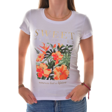 MB Collection női póló - Fehér, elején nyomott színes virágmintás díszítésű, arany színű felirattal, karcsúsított fazonú pamut női póló M25-1-WPO-5545/T013