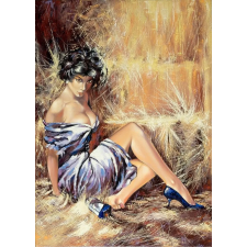  Média Nyomtatott festmény, lány kék ruhában, 70 x 105 cm grafika, keretezett kép