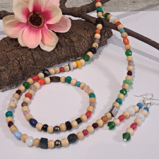  Mexicói szett, drágakő és fa nyaklánc + fülbevaló + karkötő ékszer szett