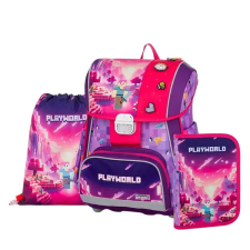  Minecraft ergonomikus iskolatáska szett – Premium Playworld Girl, csatos, lila-rózsaszín iskolatáska