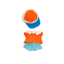 Miniland Babaruha - kék csíkos rövidnadrág, narancs póló és sapka, 21 cm-es babához, MINILAND, ML31681 játékbaba felszerelés