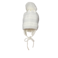 MiniM Gyerek sapka bojtos téli kötött - Törtfehér / Strasszos, gyöngyös 46-48 babasapka, sál