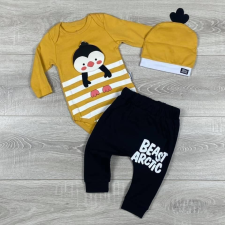 Miniworld Pingvines mustár sárga-fekete bodys együttes, sapkával gyerek ruha szett