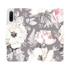 Mobiwear MX06S Huawei P30 Lite flipes tok - virágok szürke alapon tok és táska