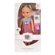 Moni Baba 36 cmes szőke szürke/pink ruhával MBN-109299 baba