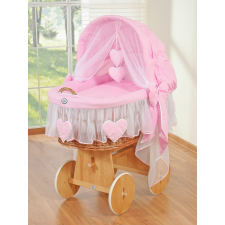  Mózes kosár fonott kapucnis kiságy Amelie - natúr + rózsaszín ágyneműhuzat babakocsi kiegészítő