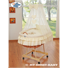  Mózeskosár/Fonott függönyös kiságy - Krémszínű mackó masnival babakocsi kiegészítő