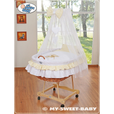  Mózeskosár/fonott függönyös rácsos kiságy - Medve masnival, fehér babakocsi kiegészítő