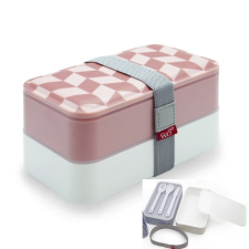 Műanyag lunch-box 2 rekeszes, műanyag evőeszközzel, 10x10x18cm, rombuszmintás konyhai eszköz