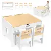  Nagy gyerekbútor-garnitúra - fehér, fa asztal - íróasztal, két fiók + 4 szék - Plüssmackó