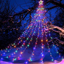 Napelemes beépítési függöny csillagvéggel, 350 led, 9 rojtos, távirányítós, tarka karácsonyfa izzósor
