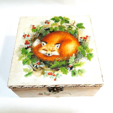  Négy részes teásdoboz, rókával. Mérete: 15x15x8 cm dekorációs kellék