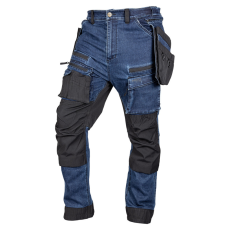 Neo Tools Farmer munkásnadrág, Denim, 82% pamut, Oxford szövet, Cordura betétek, cippzáras zsebek, kék-fekete, L