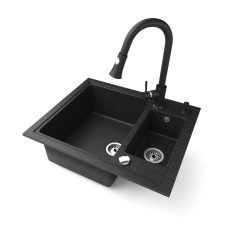 Nero Gránit mosogató NERO Arriva + kihúzható zuhanyfejes Snake csaptelep + adagoló + dugókiemelő (fekete) mosogatótálca